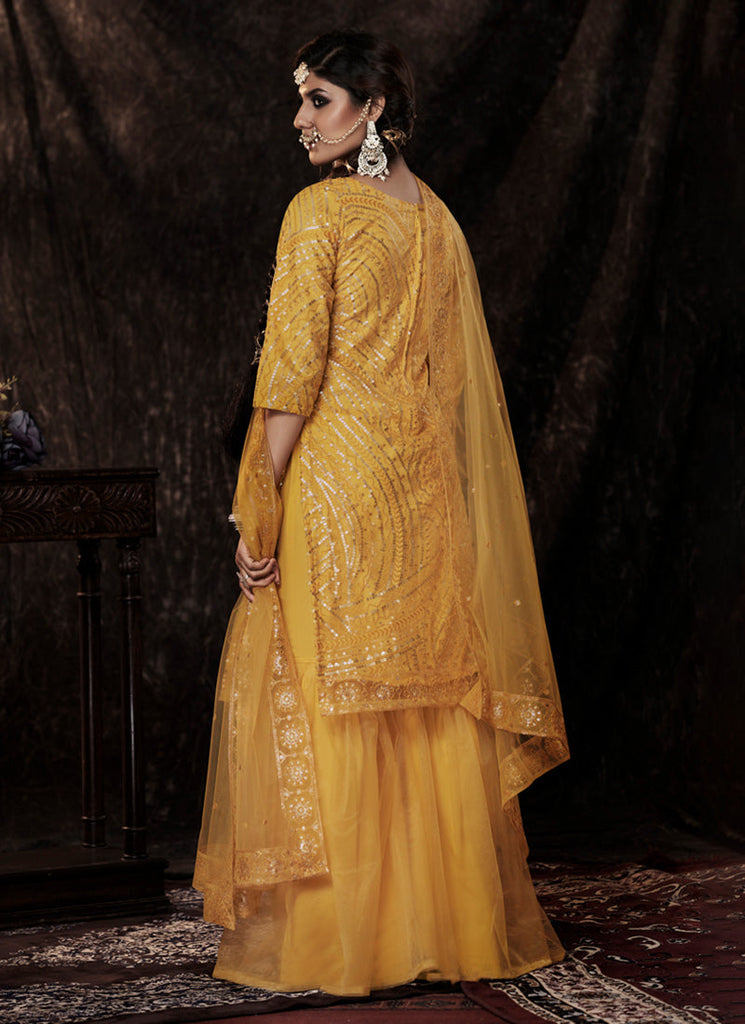Buy Yellow Embroidered Peplum Sharara Suit Online in USA with Dupatta –  Pure Elegance